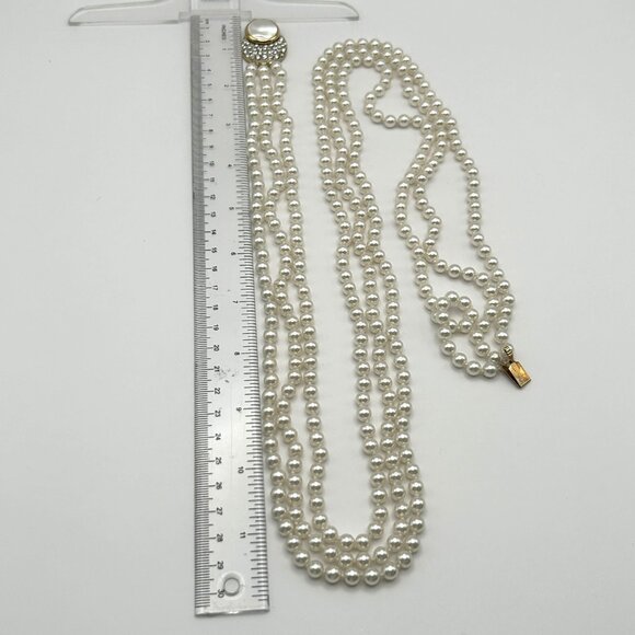 Vintage 3 Strand Faux Pearl Necklace with Rhinestone MOP Clasp Statement Bridal - Picture 6 of 11